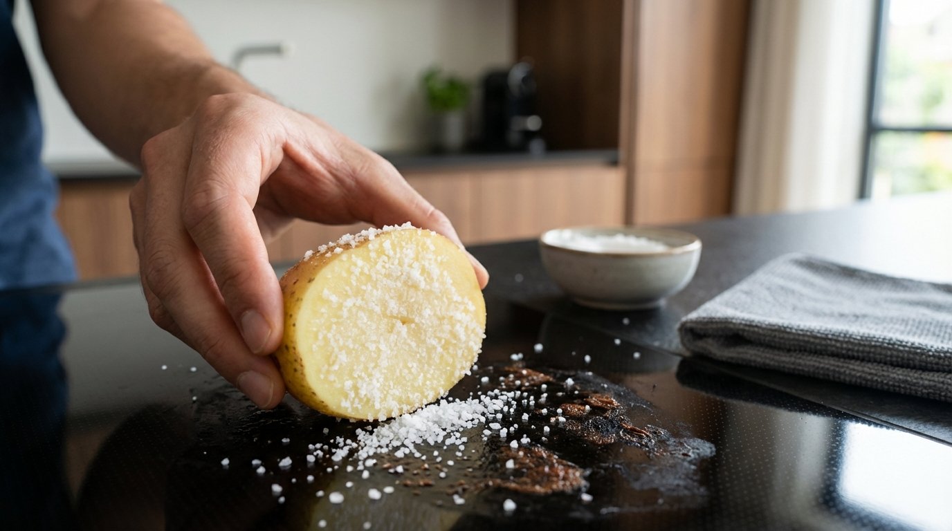 scopri come pulire il piano cottura in vetroceramica con patata e sale, il metodo naturale che elimina le macchie di bruciato senza fatica