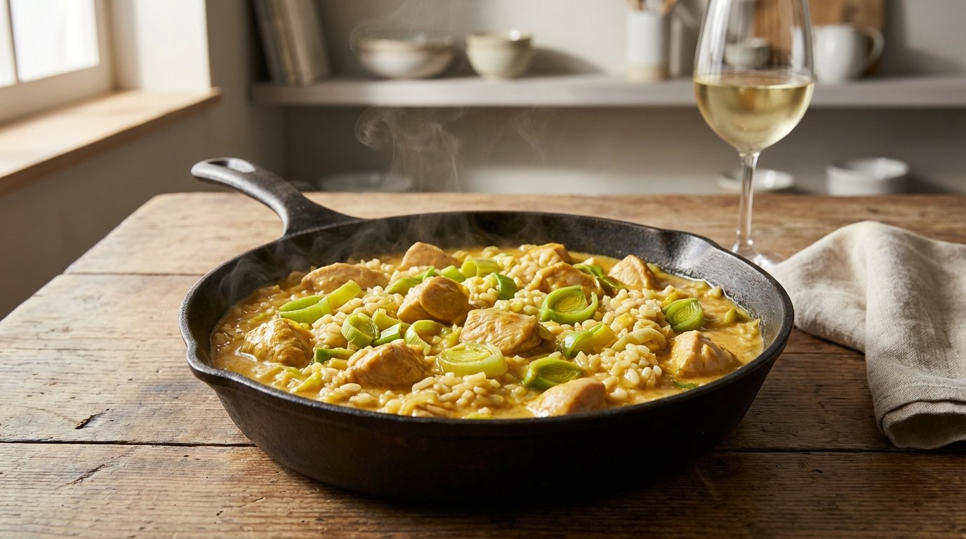 scopri come preparare un delizioso curry con riso pollo e porri in meno di venti minuti con ingredienti semplici del frigo