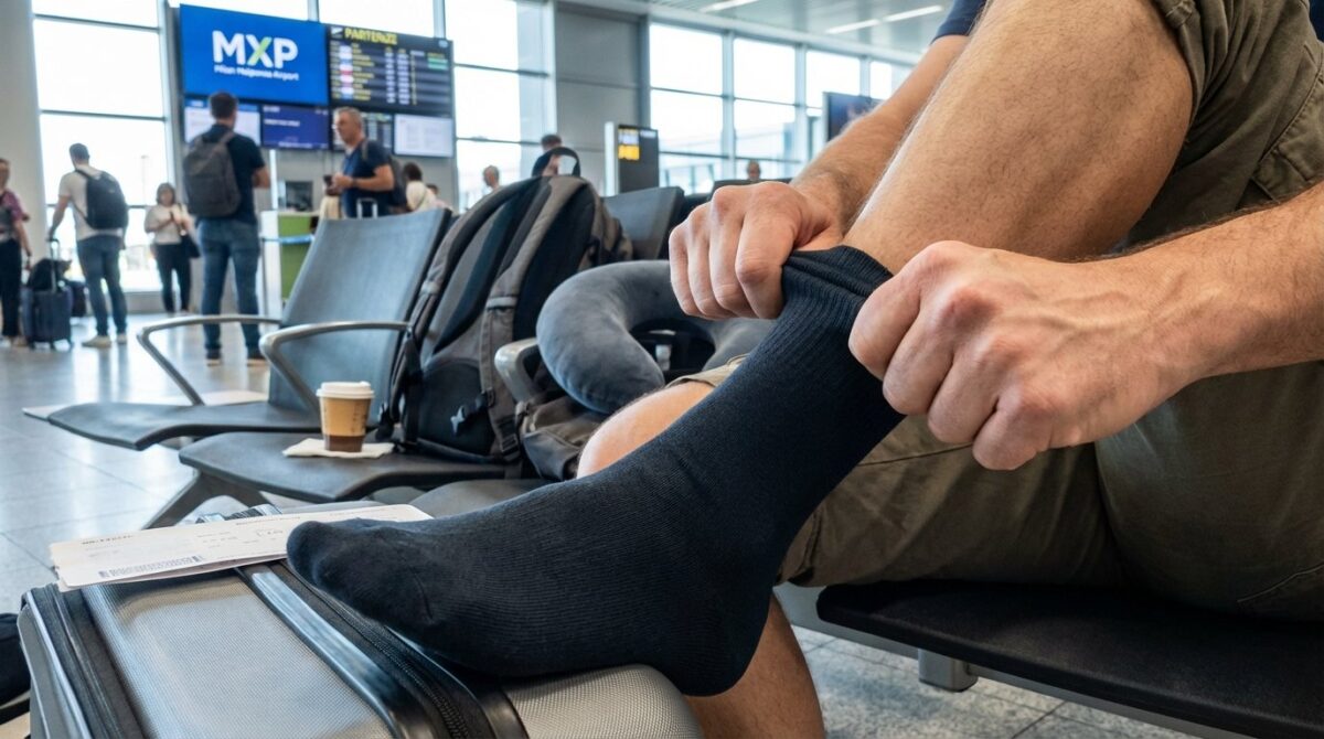 scopri quando indossare le calze a compressione in aereo per prevenire i problemi di circolazione e gonfiore alle gambe durante i lunghi voli